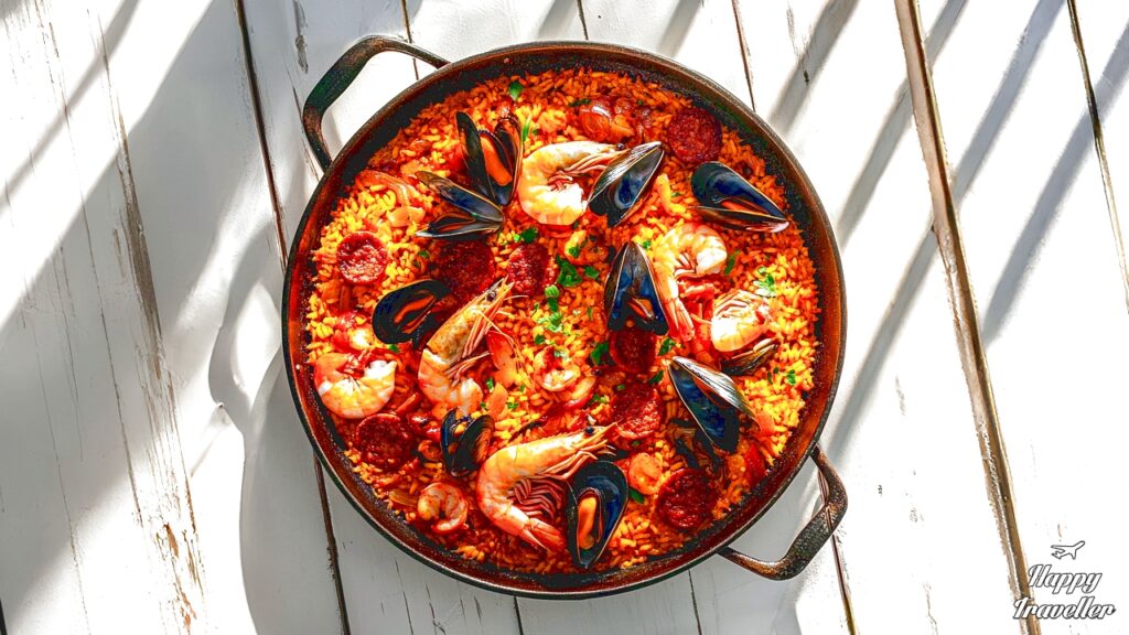 παραδοσιακή παέγια με θαλασσινά σε εστιατόριο της βαρκελώνης, ισπανική κουζίνα