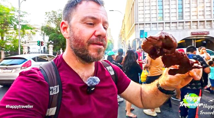 Ευτύχης τρώει Anticuchos – street food στο Σαντιάγο